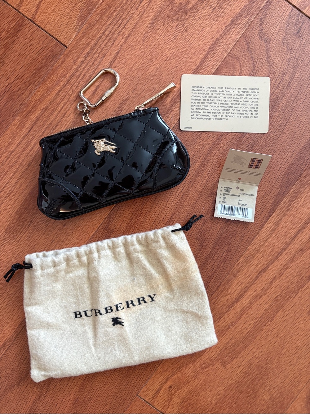 Burberry Black Patent Quilted Key & Card Holder with Gold Hardware